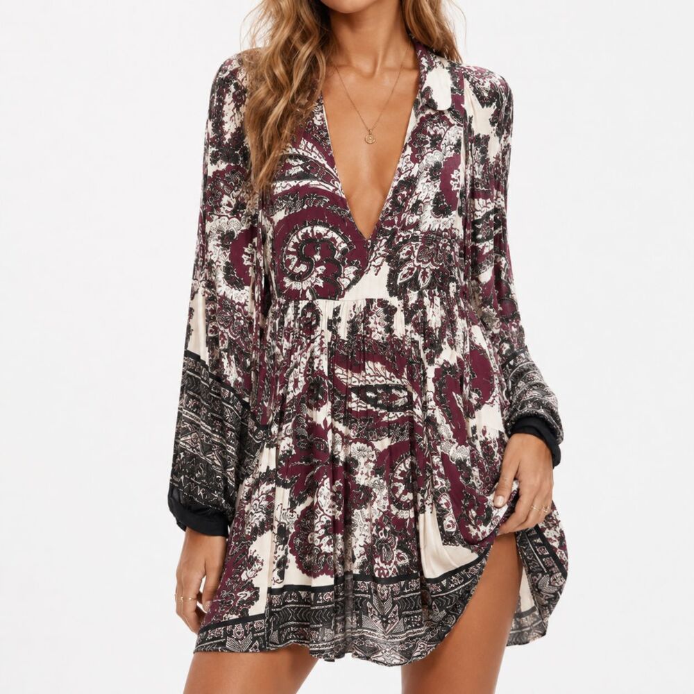 Free People Say You Love Me Dress M Ivory Paisley Satin Puff Sleeve Boho Mini